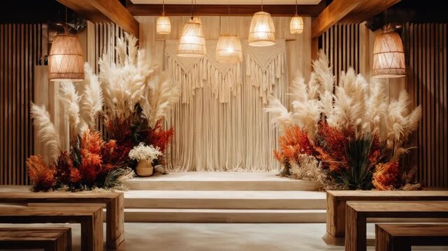 An elegant venue featuring rustic wooden benches, pampas grass, warm lighting, and macrame decor