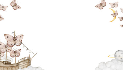 illustrated frame with wooden ship decorated with butterflies and flags, clouds, flying butterflies, crescent moon, and planet. Suitable for baby announcement, invitation, packaging, or planner