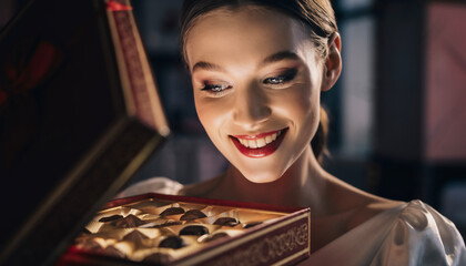 Young Woman Opening Luxury Valentine Chocolate Box &mdash; Delighted Portrait