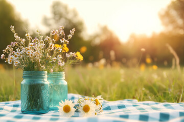 Beautiful wildflowers in jars on a sunny picnic blanket