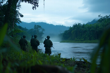 Soldiers observe the tranquil river in a mysterious jungle setting