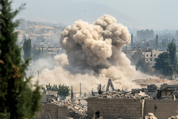 Destruction and chaos in a once-thriving city after an explosion