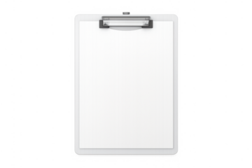 White plastic clipboard holding blank paper sheet, creating copy space, on transparent background, for organizational planning