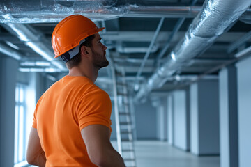 Construction worker inspecting ceiling structures in a modern space