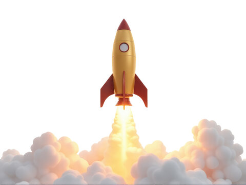 A bright yellow and red rocket blasting off into the clear blue sky, with smoke trails behind