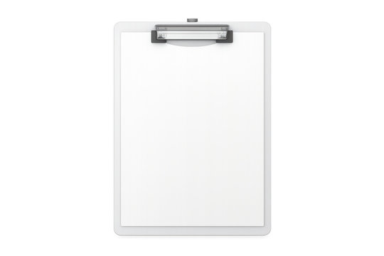 White plastic clipboard holding blank paper sheet, creating copy space, on transparent background, for organizational planning