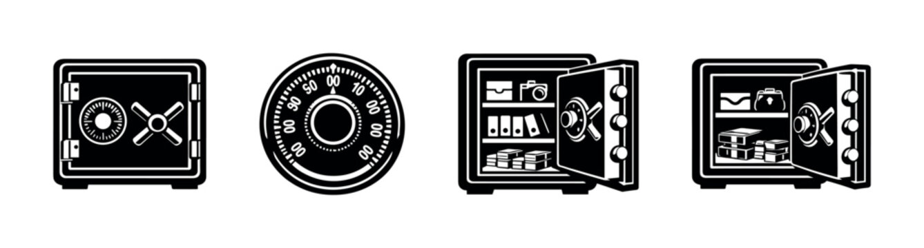 Safe icons set, vault, security, lock, safe boxes, flat vector illustration