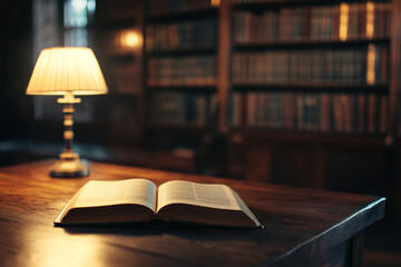 Warm glow of a lamp beside an open book in a cozy library corner