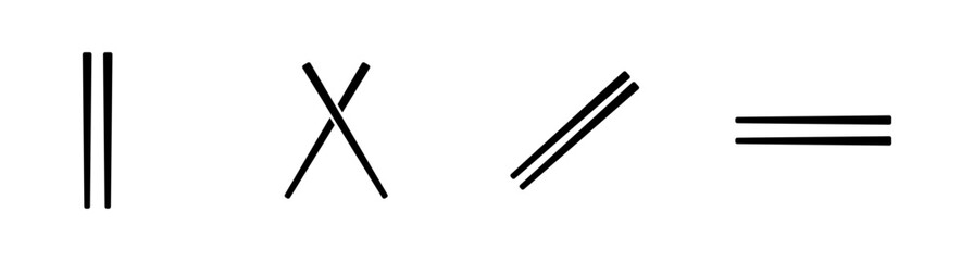 Minimalist black and white vector set of chopsticks in four positions: vertical, crossed, diagonal, and horizontal.