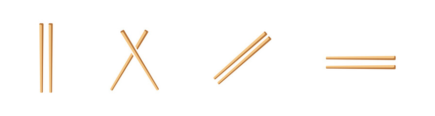Obraz premium Set of wooden chopsticks vector illustration in various positions: vertical, crossed, diagonal, and horizontal isolated on white background.