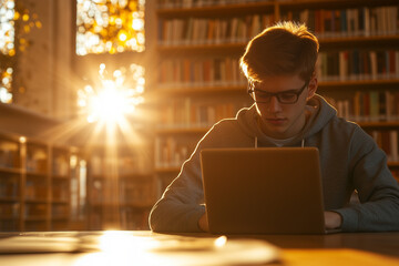 Young student studying in a sunlit library during golden hour