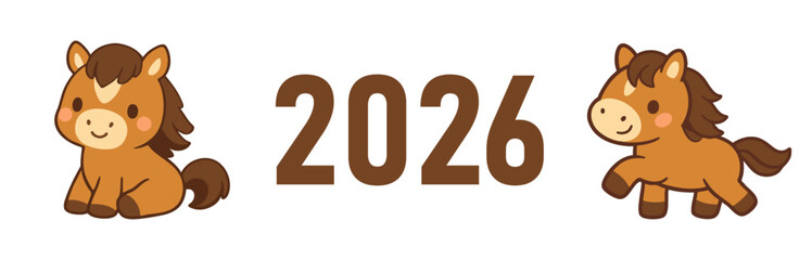 Fototapeta premium Adorable 2026 New Year illustration featuring two cute cartoon brown horses, perfect for lunar calendar cards, banners, and festive decorations.