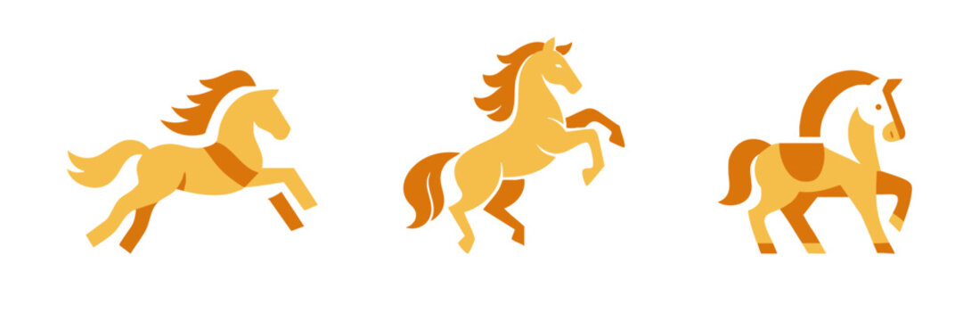 Set of three modern horse logo designs in orange and yellow, featuring running, rearing, and prancing poses on a clean white background.
