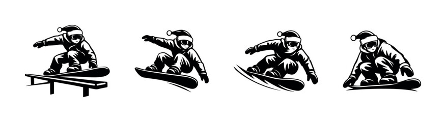 Fototapeta premium Snowboarding santa claus, winter sports fun, flat vector illustration