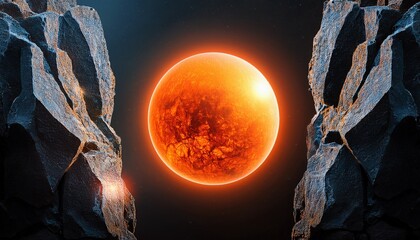 Glowing Orange Sphere Suspended Between Two Rough Cosmic Rock Fragments