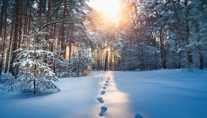 Winter Footprints In Snowy Forest Nature Scene Tranquil Environment Atmospheric Perspective