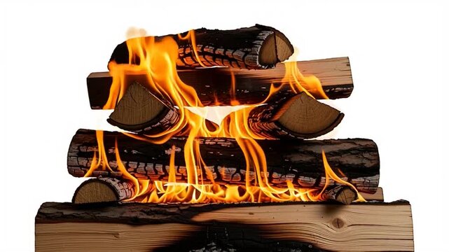 Burning Firewood Stack with Bright Flames, Close-Up View, Indoor Fireplace Setting, High-Resolution Media Capture