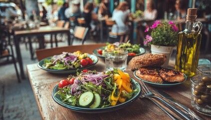 Delicious, Colorful Salads and Rustic Bread Served on a Wooden Table at a Bustling Outdoor Cafe.