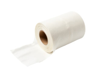 A single toilet paper roll on a plain white background, perfect for minimalist designs and straightforward uses
