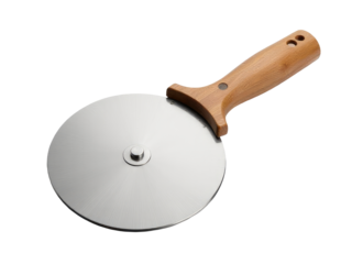 A pizza cutter with a wooden handle on a white surface, suitable for use in kitchen or restaurant