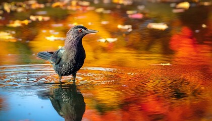 A Solitary Dark Feathered Aquatic Bird Stands In Calm Reflective Water The Autumn Colored Foliage Provides A Vibrant Soft Background