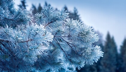 Frozen Cypress Branches Covered With Frost And Snow Cool Blue Tones Create Peaceful And Natural Winter Scenery