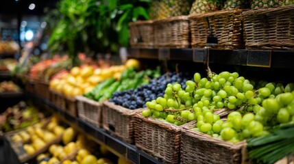 Colorful produce display in supermarket fruit aisle for grocery shopping, fresh food branding or healthy eating product visuals