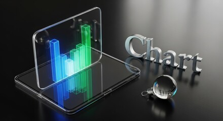 Elegant Transparent Tablet Projecting Glowing Blue and Green 3D Holographic Bar Chart on Polished Ebony Surface with Silver Chart Word and Crystal Sphere - Futuristic Business Analytics Concept