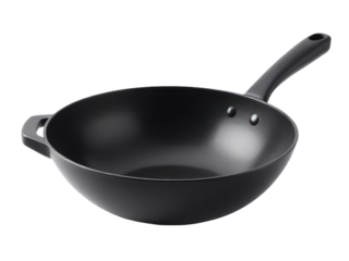 A black frying pan placed on a clean white background