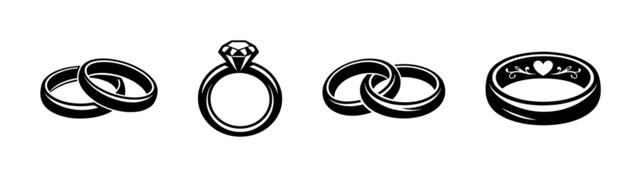 Wedding ring designs, diamond, heart motifs, flat vector illustration