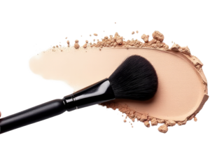 A close-up shot of a makeup brush lying on top of powdered foundation, great for beauty and cosmetics related uses
