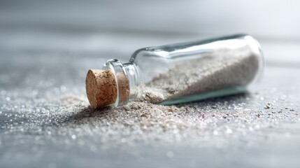 Obraz premium Glass vial spilling white salt on reflective surface for ingredient product photography or clean food supplement branding visuals