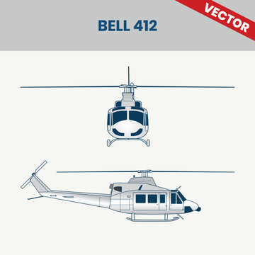 Technical Line Drawing of Helicopter Bell 412 2D Engineering Rendering Sketch Vector Illustration Front and Side View Angle