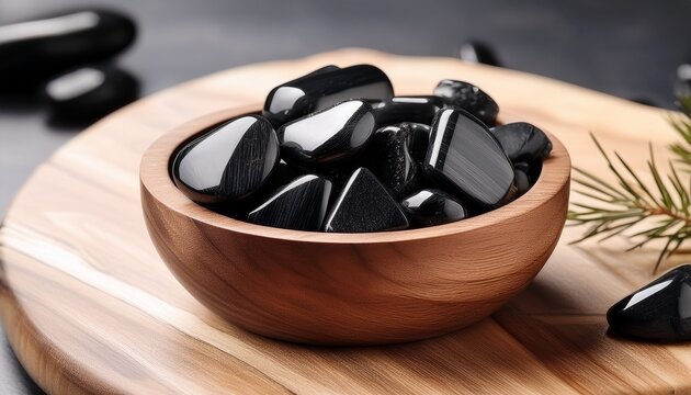 Wooden Bowl Filled With Black Shungite Stones
