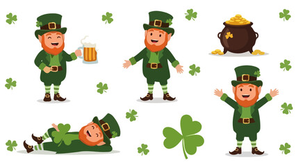 St. Patrick's Day Leprechaun Vector Set with Clovers and Pot of Gold