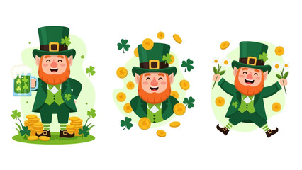 Cheerful Leprechauns Celebrating St. Patrick's Day with Gold Coins and Clovers