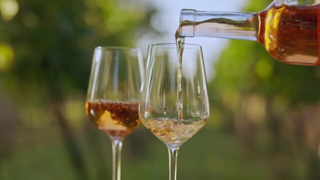Pouring rose wine from a bottle into glasses outside in the vineyard