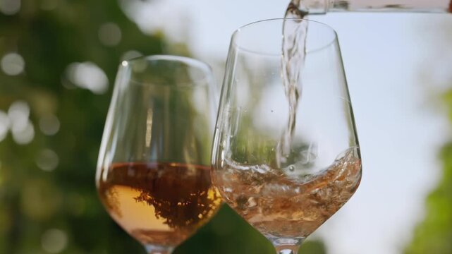 Close-up shot of pouring rose wine from a bottle into glasses