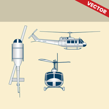 Technical Line Drawing of Helicopter Bell UH-1 Iroquois 2D Engineering Rendering Sketch Vector Illustration Front Side and Bottom View Angle