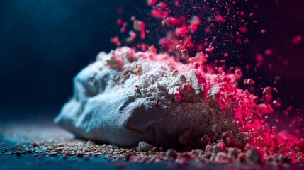 Fabric explosion with pink powder for energetic product styling and bold marketing visuals on dark dramatic background