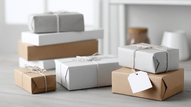 Gift boxes wrapped in white paper with string on clean surface for elegant holiday packaging and product branding