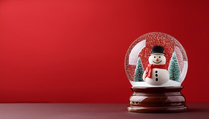Snowglobe With Snowman And Trees On A Red Background Copy Space