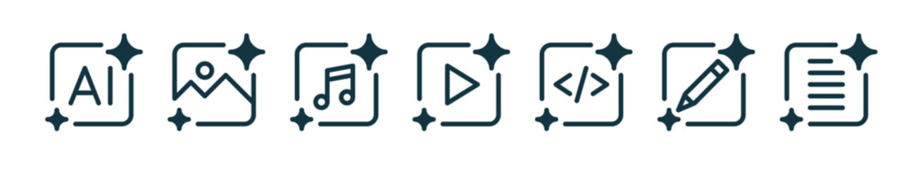 Set of AI tools icons for generating images, video, code, music, text. Icons for generative ai tools.