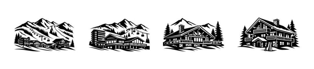Winter landscapes. Winter scenes. Winter mountain cabin illustrations