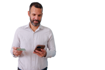 Man holding credit card and smartphone, performing online payment, secure e-commerce shopping, transparent background
