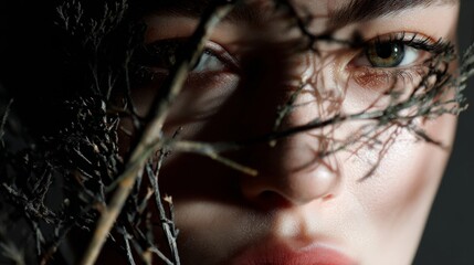 Close-up mysterious female face behind branches for artistic beauty concept and moody conceptual portrait photography styling visuals