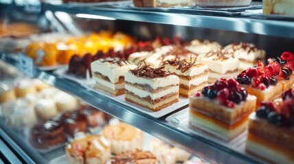 Desserts and cakes inside glass pastry display for bakery branding, food styling and gourmet dessert shop photography compositions