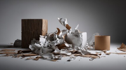 Broken ceramics and wood pieces on neutral background for symbolic visual concept photography and fragile product display branding