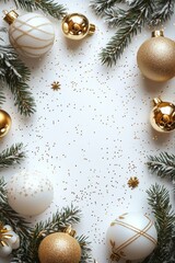 Minimal Christmas background with frosted fir branches and white gold baubles, perfect elegant New Year greeting card or banner template.