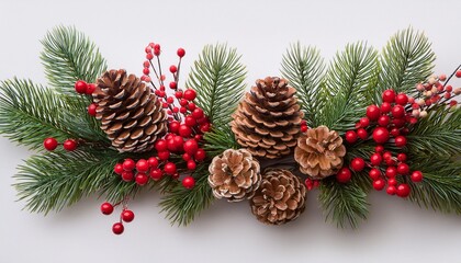 Festive Christmas Garland With Pine Cones Fir Branches And Red Berries Isolated On Transparent Background